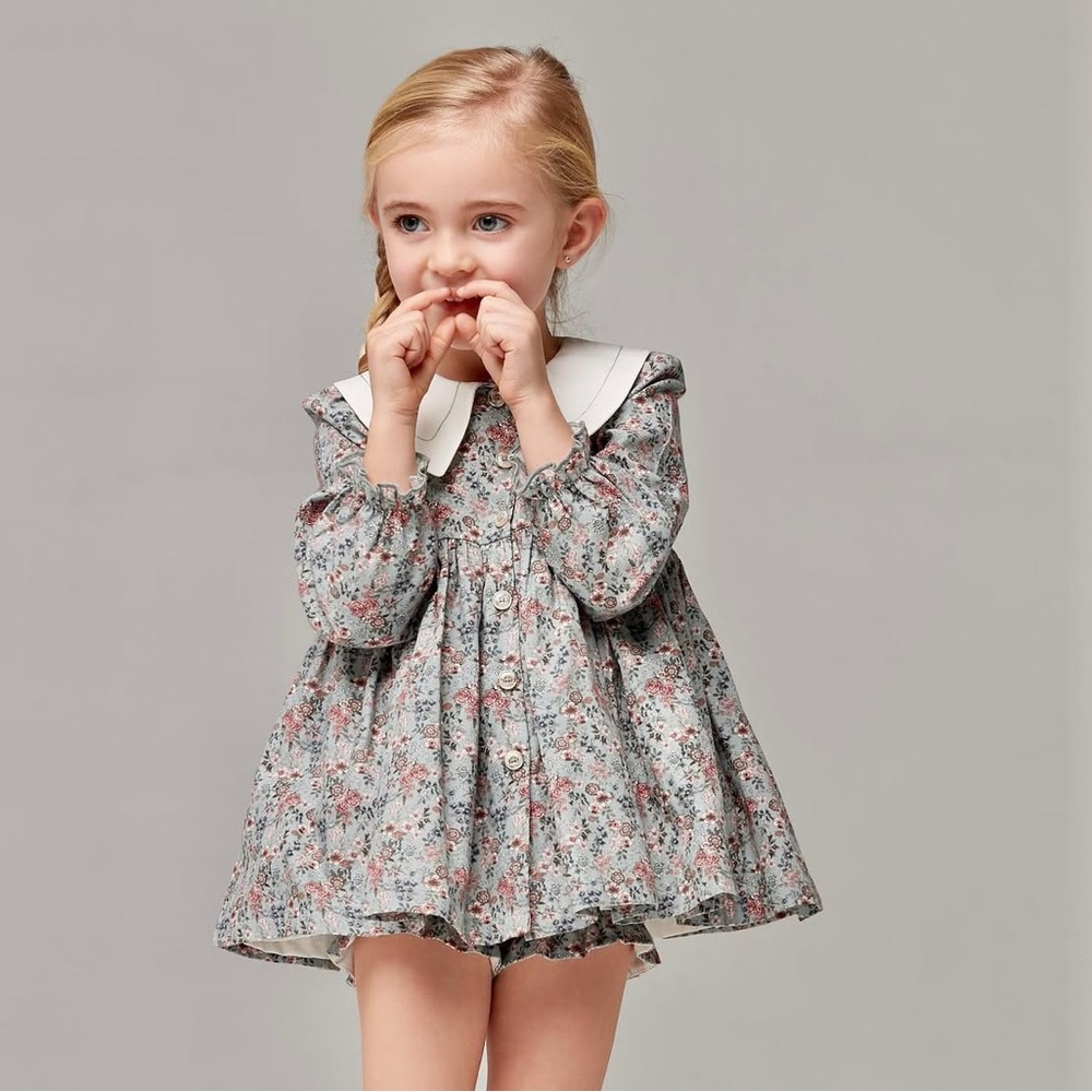 Floral Kids Casual Dress with White Collar